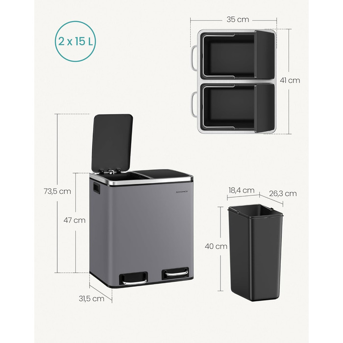 Кухонний кошик для сміття, 2 x 15 літрів, система розділення сміття, 2 відділення, включаючи 15 мішків для сміття, відро для сміття, відро для сміття на педалі, перероблені відходи, органічні відходи, кришка з мяким закриттям, LTB30BK (матово-сірий)