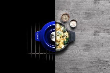 Чавунна каструля Ø 24 см, синього кольору з кришкою та силіконовими ручками Емальований чавун, підходить для індукції та духовки для всіх типів плит Ø 24 см, висота 11 см, 4,2 літра (кобальтово-синій, Ø 16 см, висота 8 см, 1,3 літра)