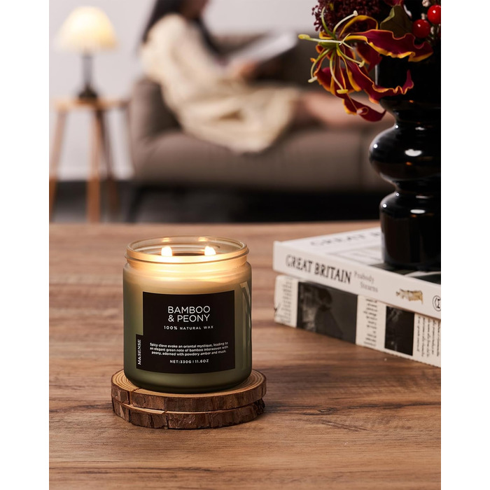 Ароматичні свічки M&SENSE з кавою у скляній банці з 2 гнітами 330 г, час горіння 70 годин, свічка з натурального соєвого воску для спальні, кухні, декору дому, подарункова свічка для чоловіків та жінок, смажена кава (бамбук та півонія)