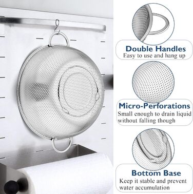 Ситечко из нержавеющей стали Herogo, 22 см, металлическое кухонное ситечко с ручкой, ситечко с микроперфорацией для очистки и слива овощей / фруктов / макаронных изделий / риса, 3 литра, простое в использовании и пригодное для мытья в посудомоечной машине