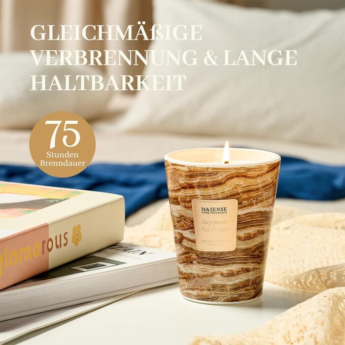 Ароматизована свічка M&SENSE велика Чорні ароматизовані свічки у склянці Ароматизована свічка з натурального соєвого воску Розслаблююча ароматерапія Подарунок для жінок та чоловіків, Різдво 75 годин горіння та 2 гніти (гаряча карамель еспресо, 400 г)