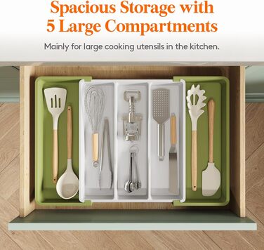 Органайзер для столових приборів 57 х 38 см для шухляд, 5 відділень, зелений і білий Lifewit