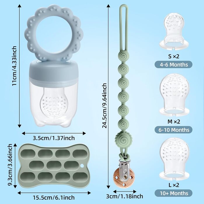 Фруктова пустушка для малюків від 3, 4, 5 та 6 місяців, 2 упаковки дитячої годівниці для фруктового харчування та контейнера для зберігання дитячого харчування, ланцюжок для пустушки та 6 силіконових сосків 3 розмірів, фруктова пустушка для малюків (зелен