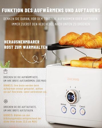 Тостер на 2 скибочки, тостер ZACHVO з підігрівом булочок, 6 рівнів підрум&39янювання, 850 Вт, знімний піддон для крихт, світлодіодний екран, високий підйом, розігрів, розморожування, функція скасування