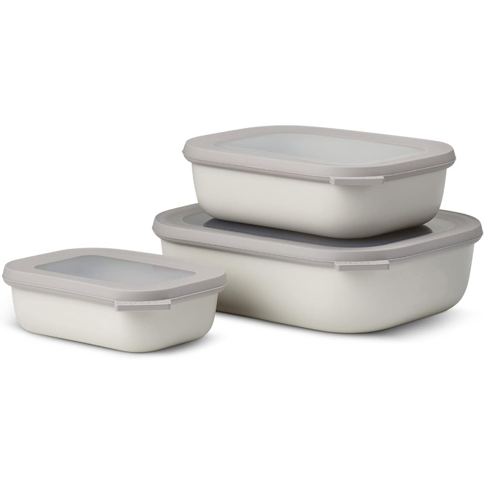 Прямокутний набір з 3 предметів Cirqula з кількох лотків - Банки для зберігання з кришкою - Підходить як ящик для зберігання, холодильник, морозильна камера та посуд для мікрохвильової печі - 750, 1500 і 3000 мл - (Nordic White, набір 3 шт. и (500, 1000, 