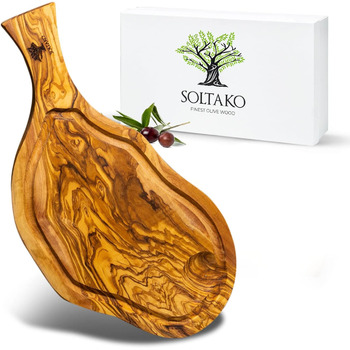 Дошка для стейків з оливкового дерева, дошка з оливкового дерева Обробна дошка, дерев'яна дошка, дошка для сервірування, дошка для сніданку, сирна дошка сільська довжиною приблизно від 40 до 43 см, товщиною приблизно 2 см (43-45 см, сільська з жолобком дл