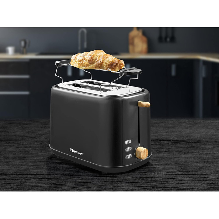 Тостер Bestron з 2 камерами для обсмажування, піддоном для крихт і насадкою для смаження булочок хліба, 1 000 Вт, нержавіюча сталь під вигляд (чорний / дерев'яний, одинарний)