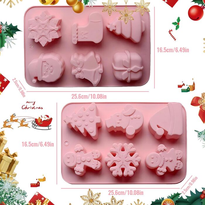 Силіконова форма Vulevirtue з 2 предметів, різдвяні силіконові форми для випічки, силіконова форма для випічки, для різдвяної випічки, тортів, фондану, імбирного печива, шоколаду, желе, мила (12 різдвяних елементів)