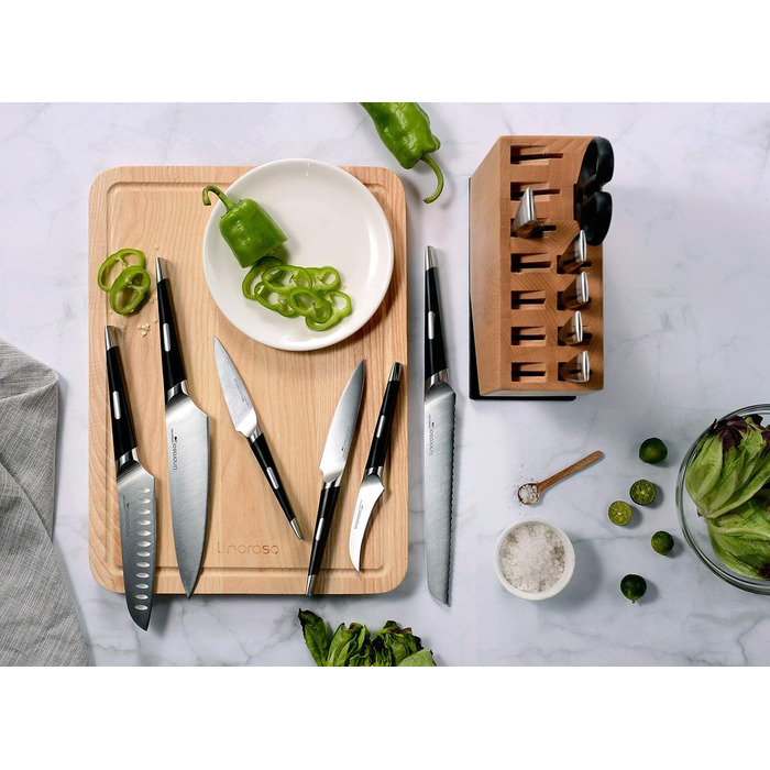 Набор ножей Linoroso из 12 предметов Набор многофункциональных кухонных ножей Ultra Sharp из высокоуглеродистой немецкой нержавеющей стали с изысканным блоком ножей из бука - Набор кухонных ножей серии MAKO из 12 предметов