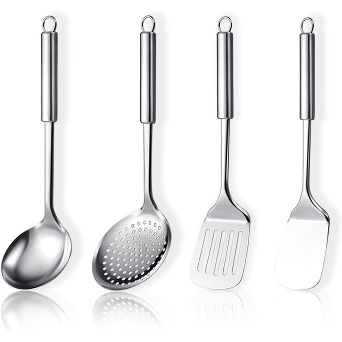 Набір кухонного начиння ReaNea з нержавіючої сталі, 4 предмети, кухонний набір інструментів включає набір металевих шпателів, кухонну шумівку, ополоник, необхідні кухонні помічники, необхідні для нового дому. 4 предмети
