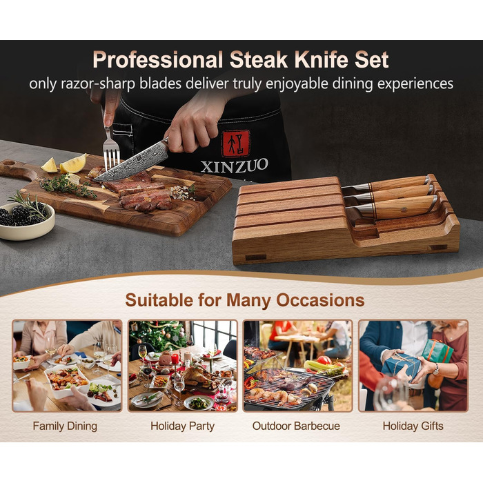 Набор из 4 ножей для стейка из дамасской стали 13 см с деревянным блоком XINZUO