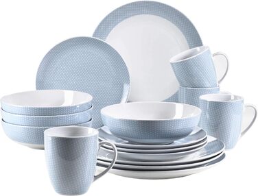 Набор посуды MSER 931566 Kitchen Time II на 4 персоны, 16 шт. Комбинированный сервиз с тонким рисунком, фарфор (синий)