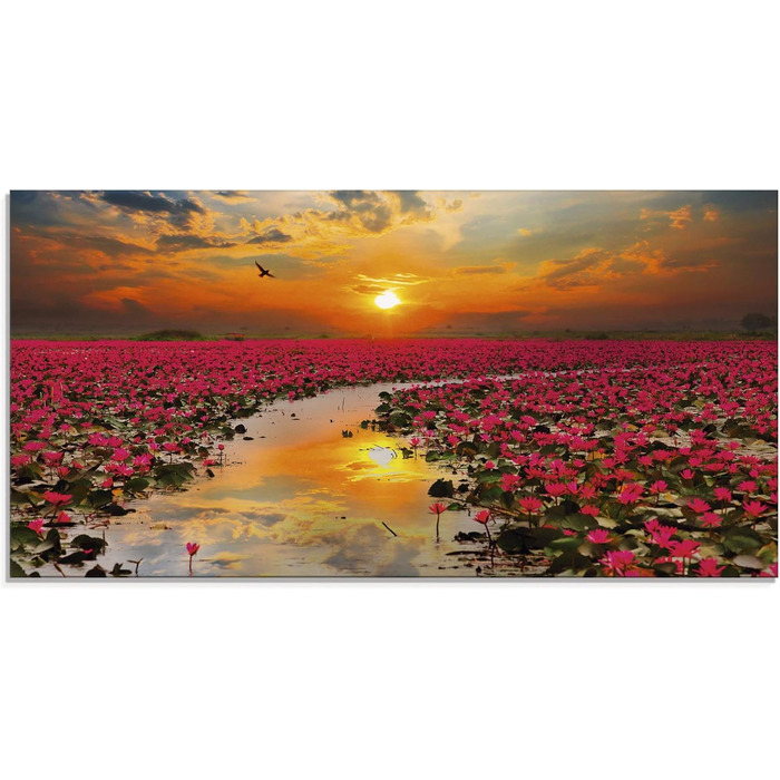 Настінний декор зі скла, картини, настінна картина, скляна картина цільна 40x40 см, квадрат, пляж, море, сонце, Кариби, природа, пейзаж, узбережжя, схід сонця, морський, S7LE (квіти лотоса, 100Д x 50Ш см)