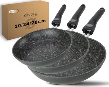 Набор из 3 сковородок 20 см, 24 см и 28 см со съемной ручкой, серые DIVORY