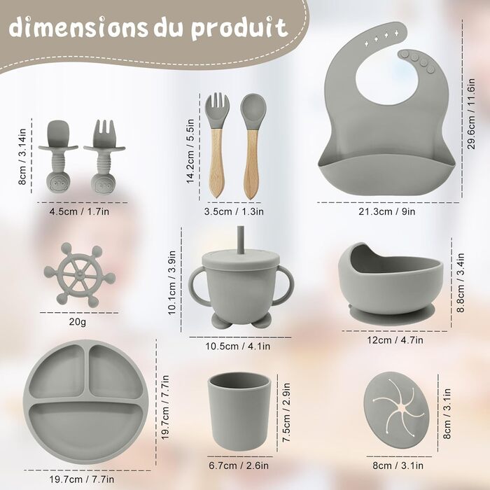 Набір дитячого столового посуду, 11 предметів, сірий NATNAV