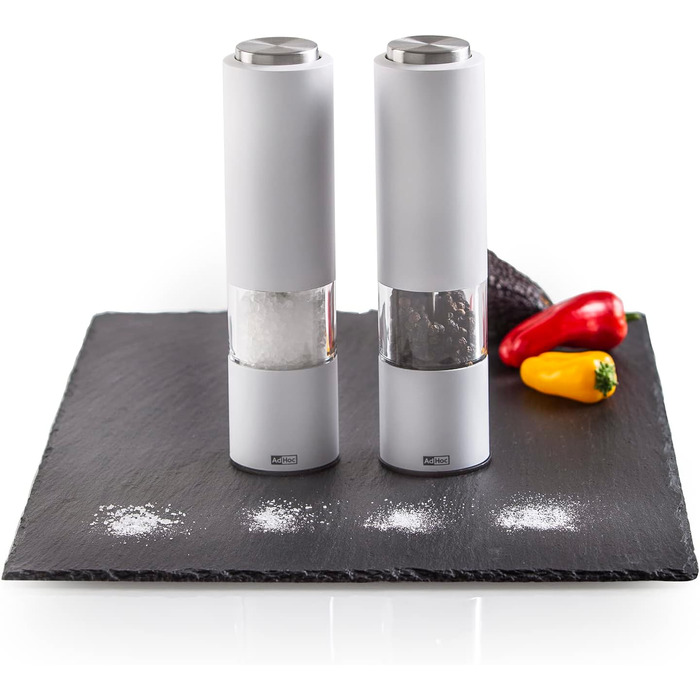 Набір електричних млинів для солі та перцю AdHoc з 2 чорно-білих тропіків з керамічною кавомолкою, що регулюється від дрібного до великого, включаючи сіль і перець (білий)