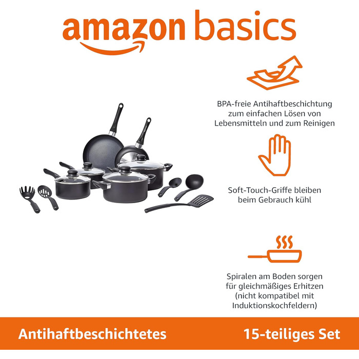 Набір посуду з антипригарним покриттям 15 предметів чорний Amazon Basics