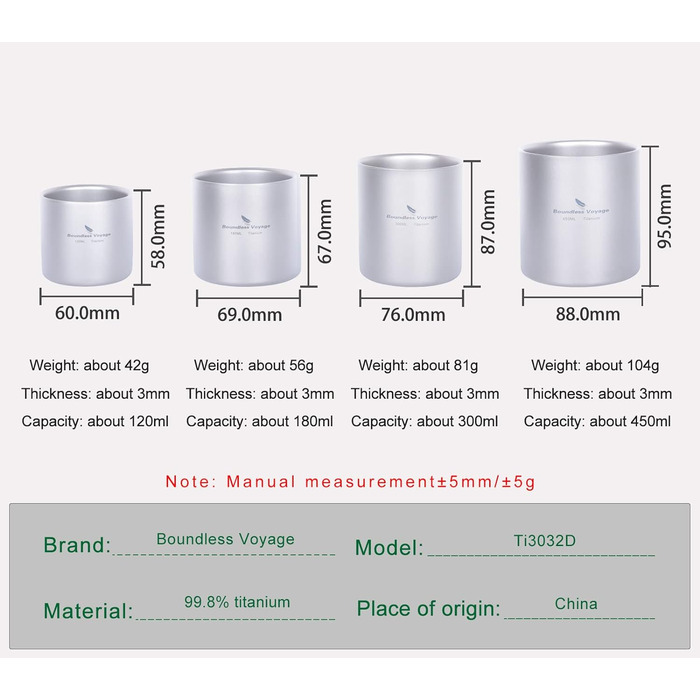 Набір титанових кухлів для кемпінгу 4 шт., 120, 1280, 300 та 450 мл iBasingo
