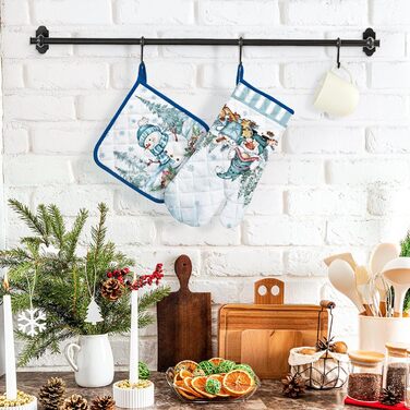 Набір з 2 кухонних рукавичок та тримача для каструлі Arquiel Gnome Autumn Orange Checked, 100 бавовняні кулінарні рукавички, термостійкі кухонні рукавички для приготування їжі, осінній декор, подарунки для жінок (зимовий гном, духовка тримач для каструлі)