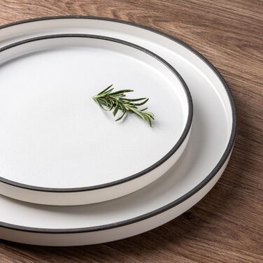 Набір посуду LeRatio для 6 осіб, набір керамічного посуду з 18 предметів, керамічна миска та тарілка, стійкі до подряпин (набір з 12 предметів, білий димчасто-чорний обідок)