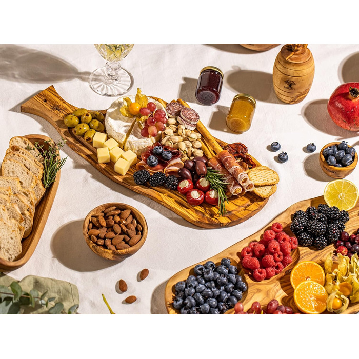 Дошка для стейків з оливкового дерева, дошка з оливкового дерева Обробна дошка, дерев'яна дошка, дошка для сервірування, дошка для сніданку, сирна дошка сільська довжиною приблизно від 40 до 43 см, товщиною приблизно 2 см (40-43 см, набір з 2 рустикальних