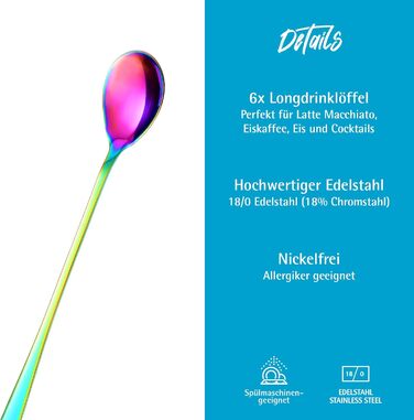 Набір ложок GRWE для лате макіато, золотистий, 6 предметів, 22 см, довгі ложки, ложки для коктейлів, десертні ложки, ложки для морозива, ложки для кави з льодом, нержавіюча сталь, можна мити в посудомийній машині (райдужний)