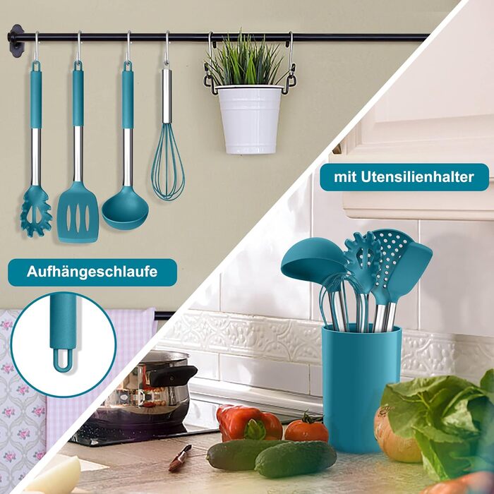 Набор кухонных гаджетов Herogo, 9 предметов силиконовой кухонной утвари, набор кухонных столовых приборов с держателем для посуды, набор шпателей для кухонной утвари с ручкой из нержавеющей стали, термостойкий и антипригарный (синий)