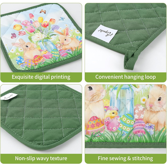 Різдвяний набір із 2 рукавичок для духовки та підставок для каструль Arquiel, 100 бавовняні кулінарні рукавички, термостійкі кухонні рукавички для приготування їжі, різдвяні подарунки на кухню для жінок (Великдень 01, рукавички для духовки підставки для к