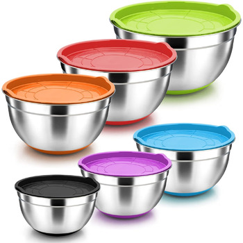 Набір мисок для змішування Herogo з 6 шт. , набір салатниць з нержавіючої сталі з герметичною кришкою та нековзним дном, чудово підходить для приготування/випічки/зберігання/сервірування, штабельований, 0,7 л/1,2 л/1,4 л/2 л/3,3 л/6,7 л барвистий
