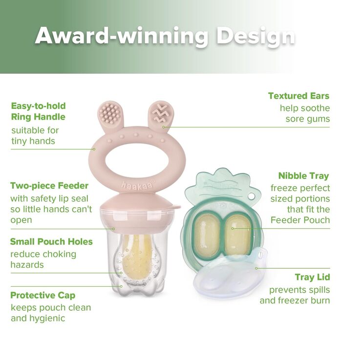 Годівниця для дитячого фруктового харчування Haakaa та міні-лоток для перекусів у морозильній камері, форми для морозива без бісфенолу А для безпечного самостійного годування немовлят, від 4 місяців (горохово-зелений) (рум&39яний)