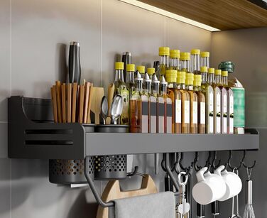 Підвісна підставка для спецій з металу, міцна кухонна полиця, настінна підставка для спецій, органайзер для спецій, кухонний органайзер, підставка для спецій з тримачем для рушників, Daojai, гачки та тримач для столових приборів, сіра, (70 см, чорна)