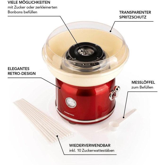 Апарат для виробництва цукрової вати GOURMETmaxx для дому з аксесуарами Ретро-апарат для виробництва цукрової вати Ностальгія з паличками для цукрової вати та мірною ложкою Цукрова вата для дитячих свят Білий (Червоний / Ванільний)