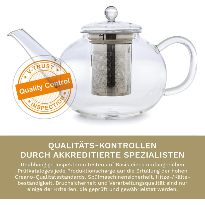 Скляний чайник Creano Glass Teapot з 3 частин із вбудованим ситечком з нержавіючої сталі та скляною кришкою, ідеально підходить для приготування сипучих чаїв, без крапель, моноблок (1,2 л)
