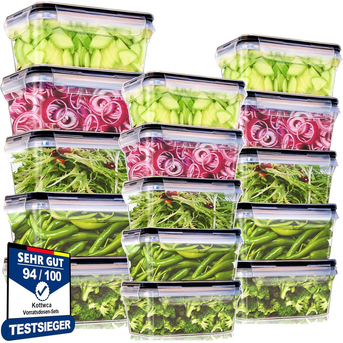Набір Kottwca, набір Tupperware із 30 предметів (15 контейнерів 15 кришок), кухонні коробки для приготування їжі, 100 герметичні, без бісфенолу А, контейнер для зберігання продуктів для мікрохвильової печі та холодильника (набір з 15 великої місткості)