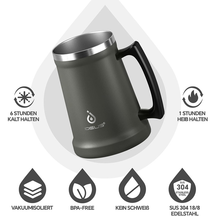 Термокухоль для пива 1 л сірий Ideus