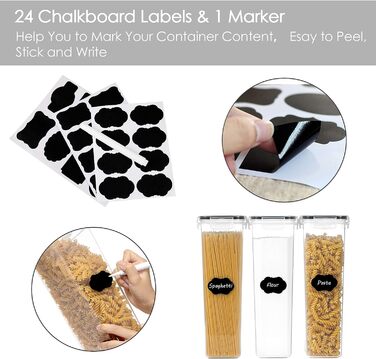 Набор банок для хранения Vtopmart 0,8 л, банки для мюсли и банки для хранения пищевых продуктов, пластик без бисфенола А, герметичный контейнер для сухих продуктов, набор из 12, 24 этикеток для зерна, муки, сахара (черный) (2,8 л * 4)