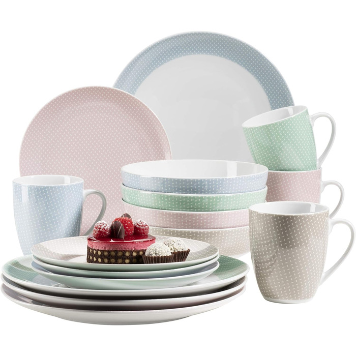 Набор посуды MSER 931566 Kitchen Time II на 4 персоны, 16 шт. Комбинированный сервиз с тонким рисунком, фарфор (цветной)