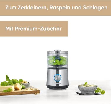 Компактний мультиподрібнювач SEVERIN, універсальний подрібнювач для грубого та дрібного подрібнення, кухонний комбайн з широким набором аксесуарів, матова нержавіюча сталь / чорний, KM 3865