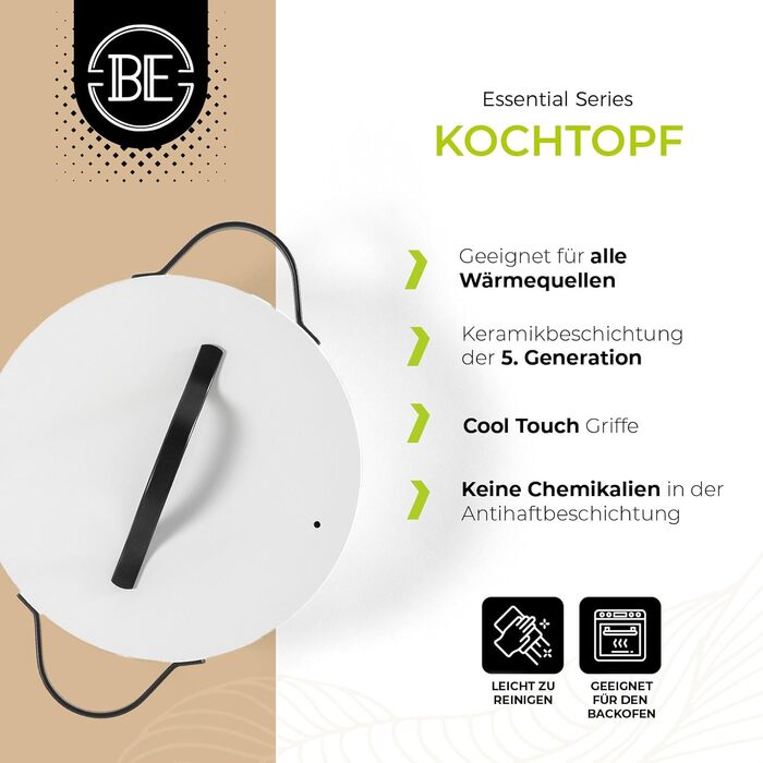 Каструля Be Living Essential з кришкою Ø 28 см з кришкою, антипригарна кераміка, індукційна, без PTFE та PFOA, (7 літрів, біла)