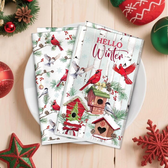 Набір з 2 різдвяних кухонних рушників 60 x 40 см Червоні птахи Arquiel