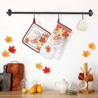 Набір з 2 кухонних рукавичок Arquiel з тримачем для каструлі Gnome Autumn Orange Checked, 100 бавовняні кулінарні рукавички, термостійкі кухонні рукавички для приготування їжі, осінній декор, подарунки для жінок (осіннє кленове листя, духовка тримач для к