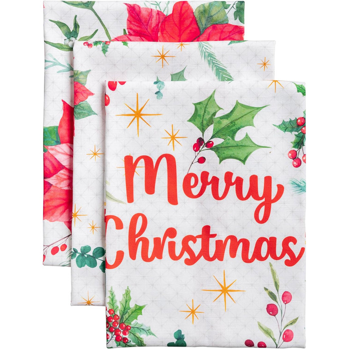 Набір з 3 багатоцільових кухонних рушників Maison d&39 Hermine Rural Christmas, 100 бавовна Барні рушники День подяки/Різдво (50 см x 70 см) (17 - Різдвяні рушники з пуансетією)