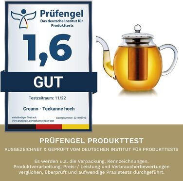 Чайник из Creano glass с крышкой для чая 500 мл из чайных цветов, чайных роз и листового чая, а также чайных пакетиков качественный, термостойкий (1,5 л)