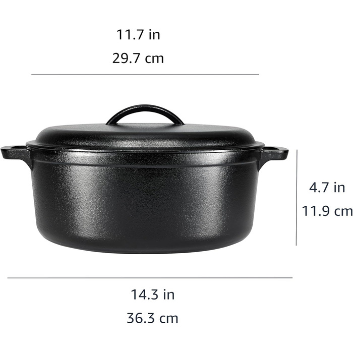 Чавунна сковорода-голландка з двома ручками, чорна Amazon Basics