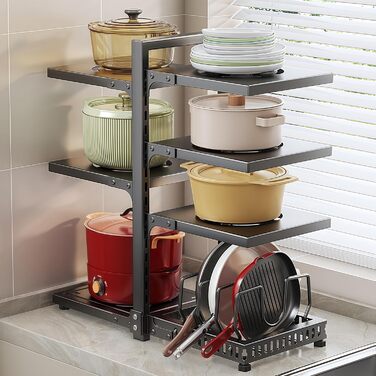 Органайзер для каструль HIMKI для шафи з регульованими відділеннями, тримач для каструль 4/5/7 рівнів, підставка для каструль з тримачем для кришки для кухонної шафи (7 рівнів, чорний)