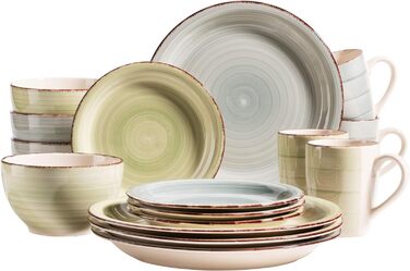 Набор винтажной посуды из 16 предметов на 4 персоны, керамическая роспись ручной росписи, красочный, керамогранит, (дымчато-синий/зеленый), 931499 Bel Tempo II