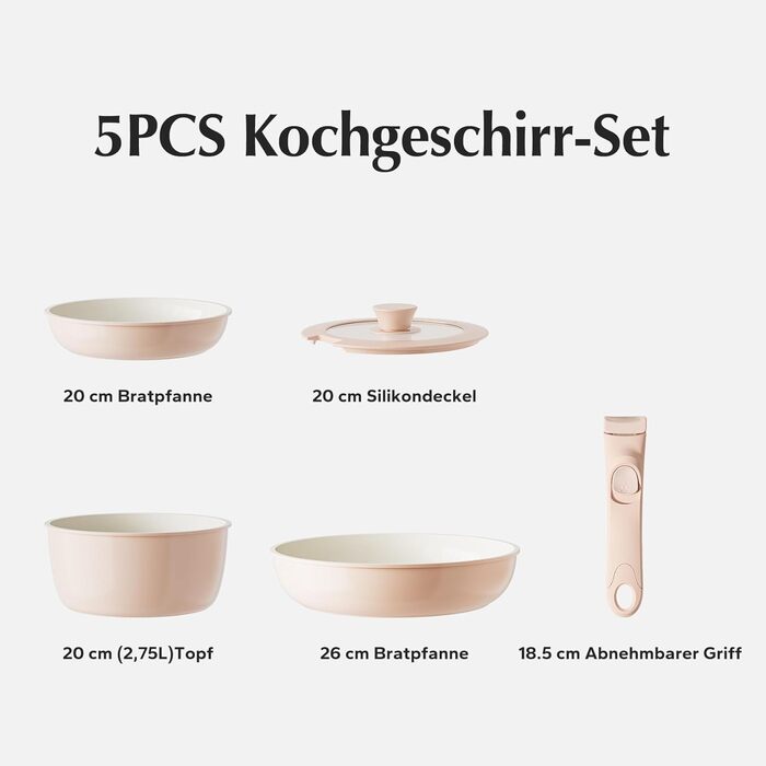 Набор посуды с крышкой и съемной ручкой, 5 предметов, розовый Redchef
