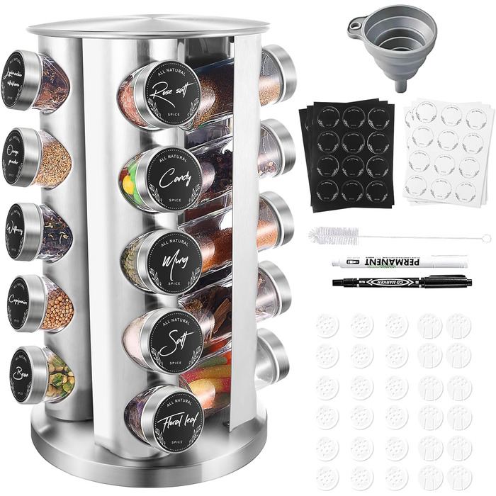Квадратна стійка для спецій Miorkly з 20 круглими банками для спецій, карусель для спецій з нержавіючої сталі, що обертається на 360, органайзер для спецій, підставка для спецій, що стоїть, банки для спецій зі спринклерною вставкою, банка для спецій, теги