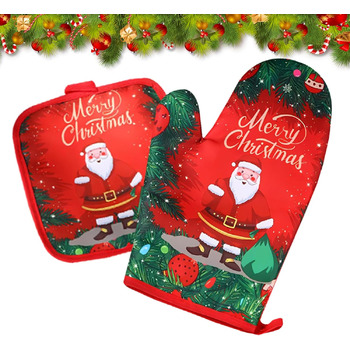 Рукавичка для духовки та прихватка для каструль з різдвяним дизайном, набір 2 предмети, червоні Embhlitfe