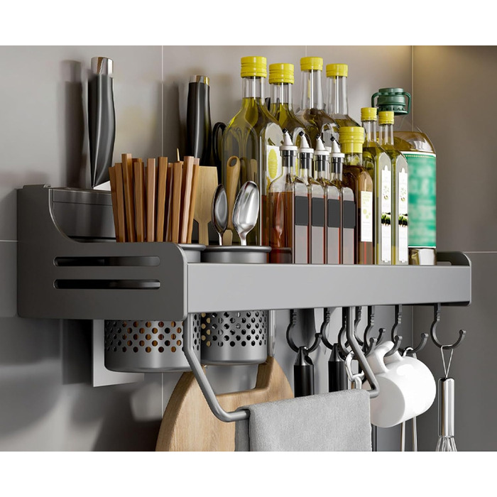 Підвісна підставка для спецій з металу, міцна кухонна полиця, настінна підставка для спецій, органайзер для спецій, кухонний органайзер, підставка для спецій з тримачем для рушників, Daojai, гачки та тримач для столових приборів, сіра, (50 см, сіро-сірий)